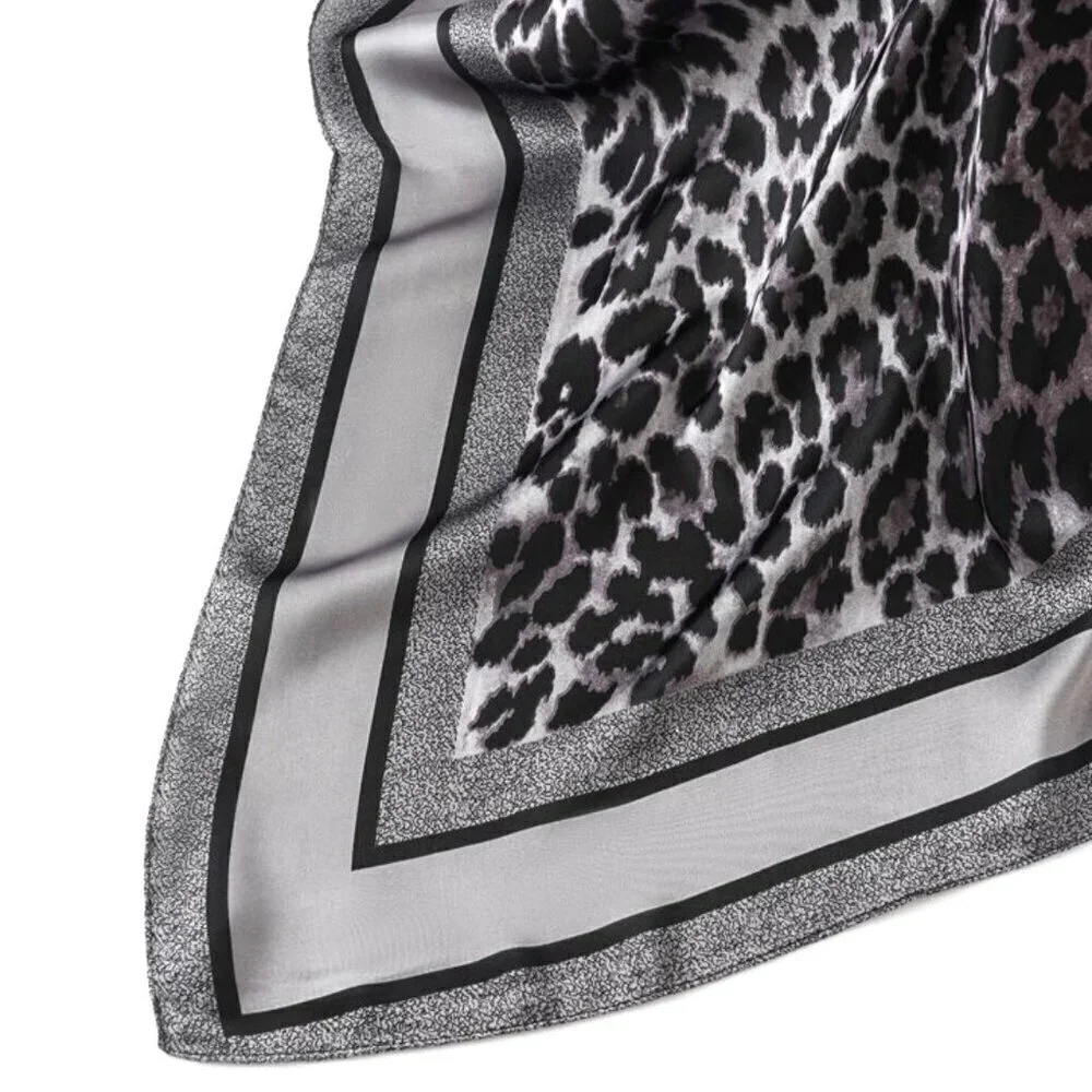NWT Leopard Print Square Scarf Gray Silk Satin Fashion Neck Hair Accessory